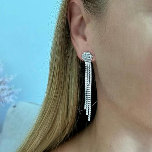 Sterling Silver Graduated Cubic Zirconia CZ Dangle Earrings  Ray Drop Silver Earrings CZ Diamonds - Sterling Silver 925